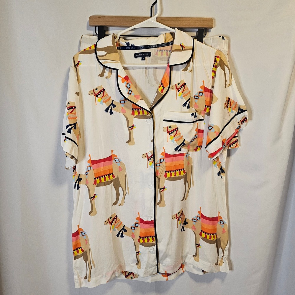 Katie Kime Pajama Set Womens Medium Cream Camel Print Whimsical Loungewear